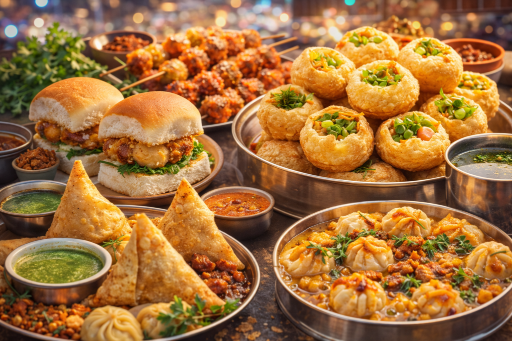 A vibrant collage of the best Indian street food to try in 2026, including Pani Puri, Vada Pav, and Samosas.