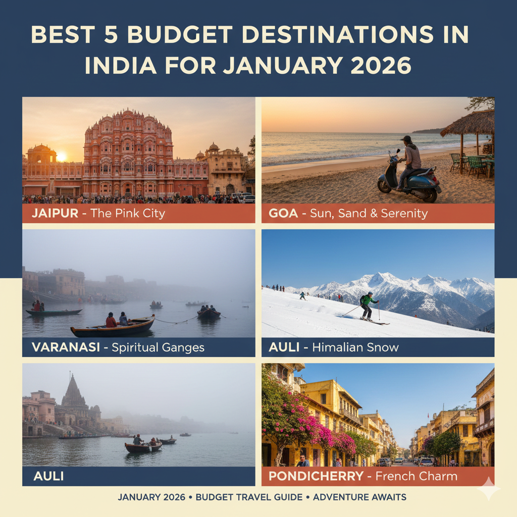 best 5 budget destination in india for january 2026 jaipur,goa,varanasi,auli and podichary