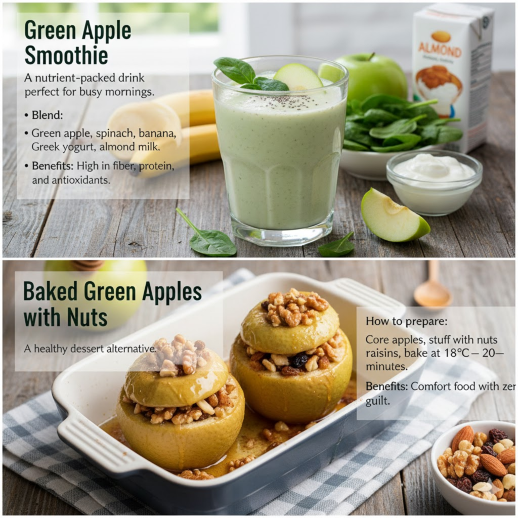 Green apple smoothie and baked green apples with nuts – healthy recipes rich in fiber and antioxidants