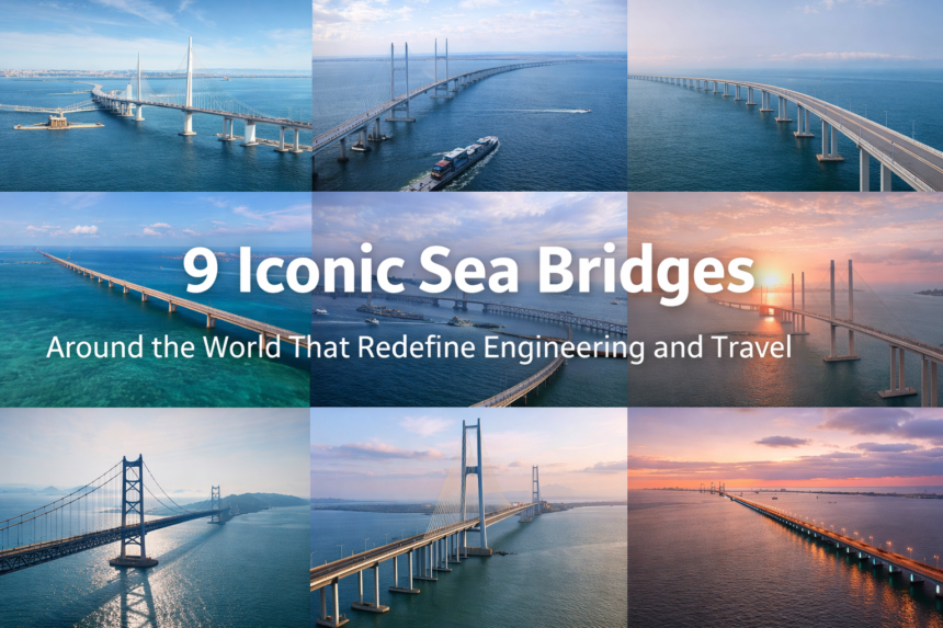 A collage of nine iconic sea bridges from around the world stretching across open oceans, showcasing modern engineering, long spans over blue water, and dramatic coastal landscapes under varied skies.