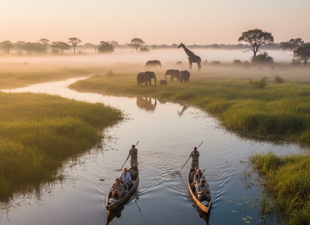 Water-based safari in the Okavango Delta, Botswana, showing wildlife, seasonal floods, and low-impact luxury safari camps