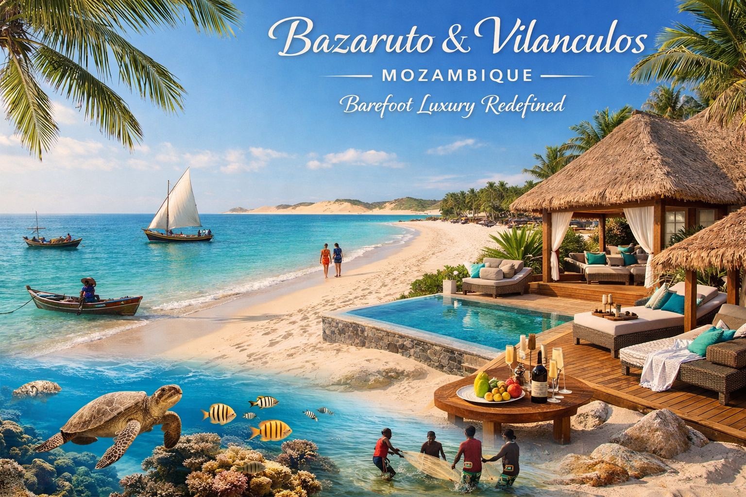 Barefoot luxury beach in Bazaruto Archipelago near Vilanculos, Mozambique, with turquoise waters, white sand, and eco-friendly island resort