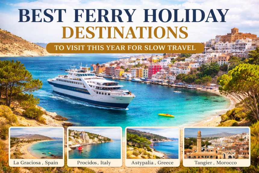 Best ferry holiday destinations featuring a scenic ferry sailing past colorful coastal towns and crystal-clear waters for slow travel