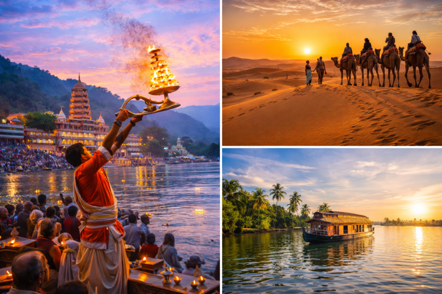 Scenic collage of budget travel destinations in India featuring Rishikesh Ganga Aarti, a Jaisalmer desert sunset, and Alleppey backwaters in January.