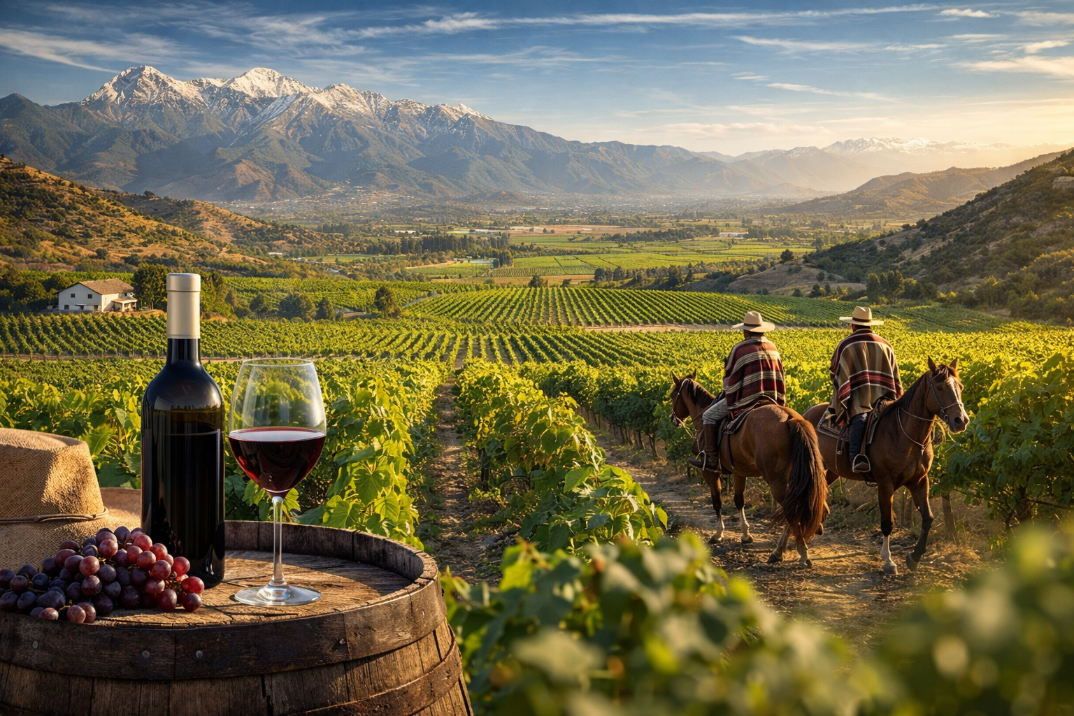 Colchagua Valley in Chile with vineyards, Chilean cowboys on horseback, and the Andes, one of the best places to travel in 2026