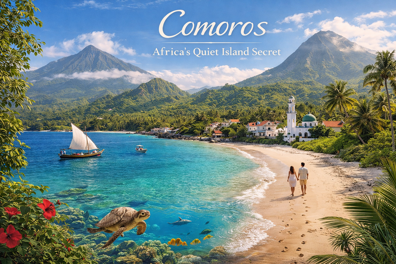 Peaceful volcanic island landscape in Comoros featuring lush mountains, quiet beaches, and traditional coastal culture