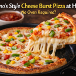 Domino’s style cheese burst pizza at home cooked on a pan, showing a gooey cheese pull with colorful vegetable toppings and crispy crust