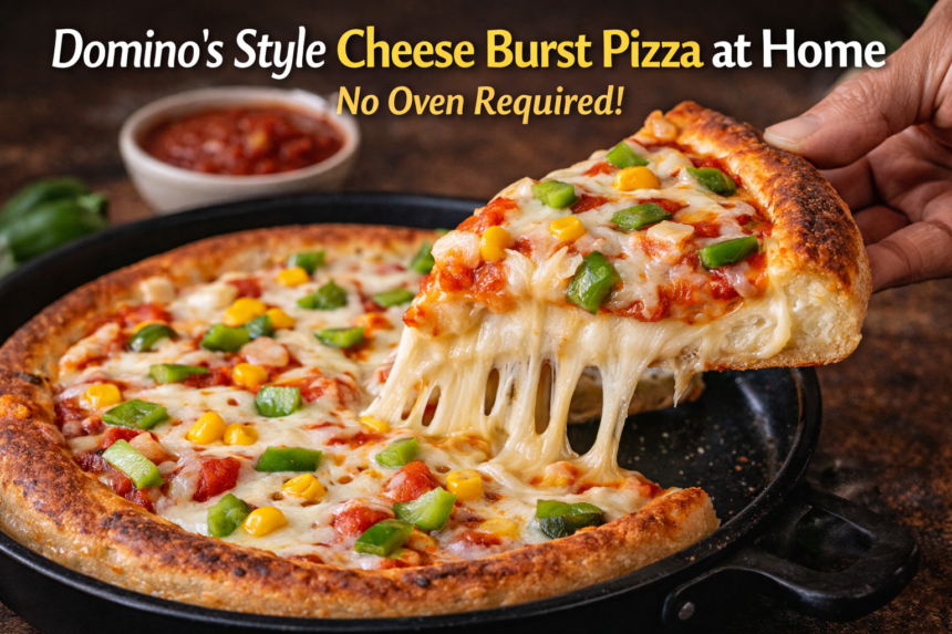 Domino’s style cheese burst pizza at home cooked on a pan, showing a gooey cheese pull with colorful vegetable toppings and crispy crust