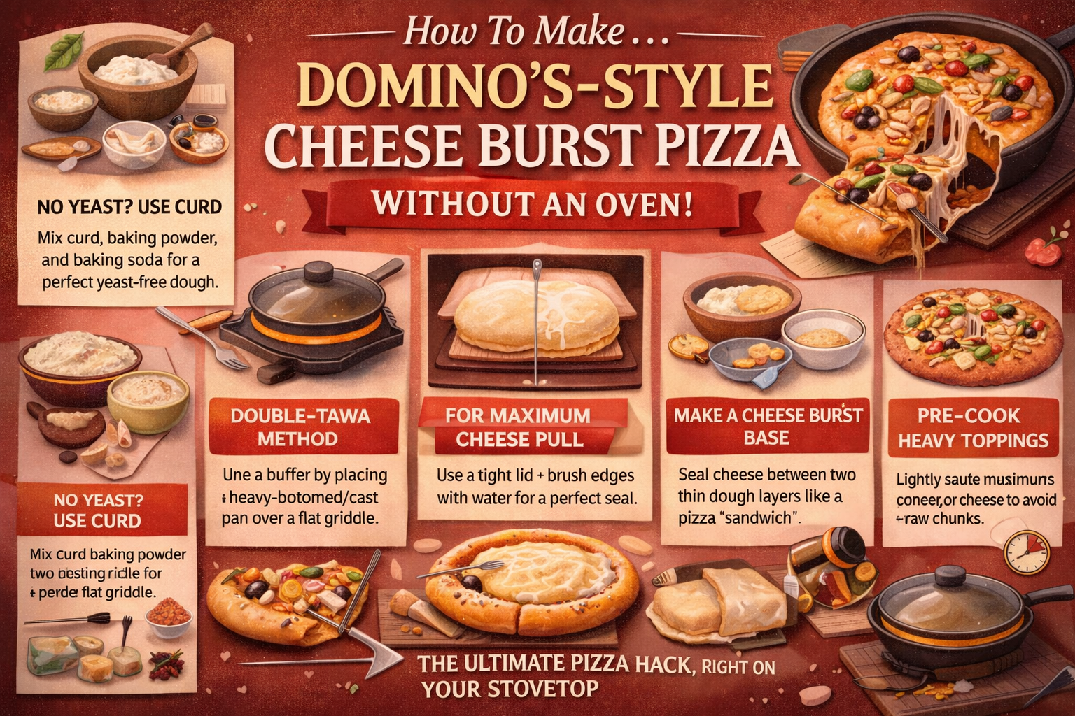 how to make Domino’s-style cheese burst pizza at home without an oven, using a pan, curd-based dough, and a sealed cheese burst base.