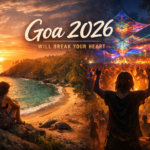 Split scene of Goa in 2026 showing a quiet sunset beach with a lone traveler on the left and a vibrant psy trance festival in the jungle at night on the right, capturing Goa’s contrast between serenity and celebration.
