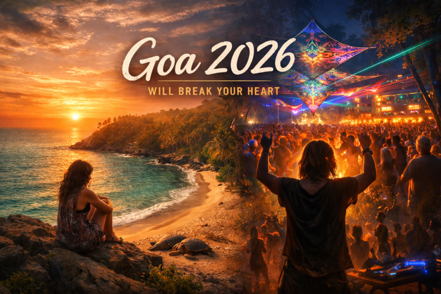 Split scene of Goa in 2026 showing a quiet sunset beach with a lone traveler on the left and a vibrant psy trance festival in the jungle at night on the right, capturing Goa’s contrast between serenity and celebration.
