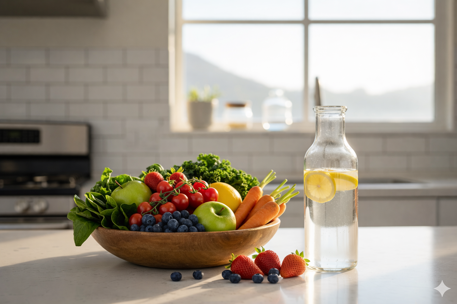 Healthy eating balanced diet with fresh fruits vegetables and lemon water