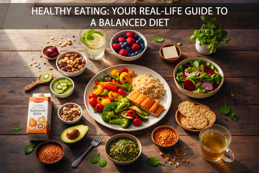 A vibrant and balanced healthy meal plate featuring grilled protein, colorful vegetables like broccoli and carrot