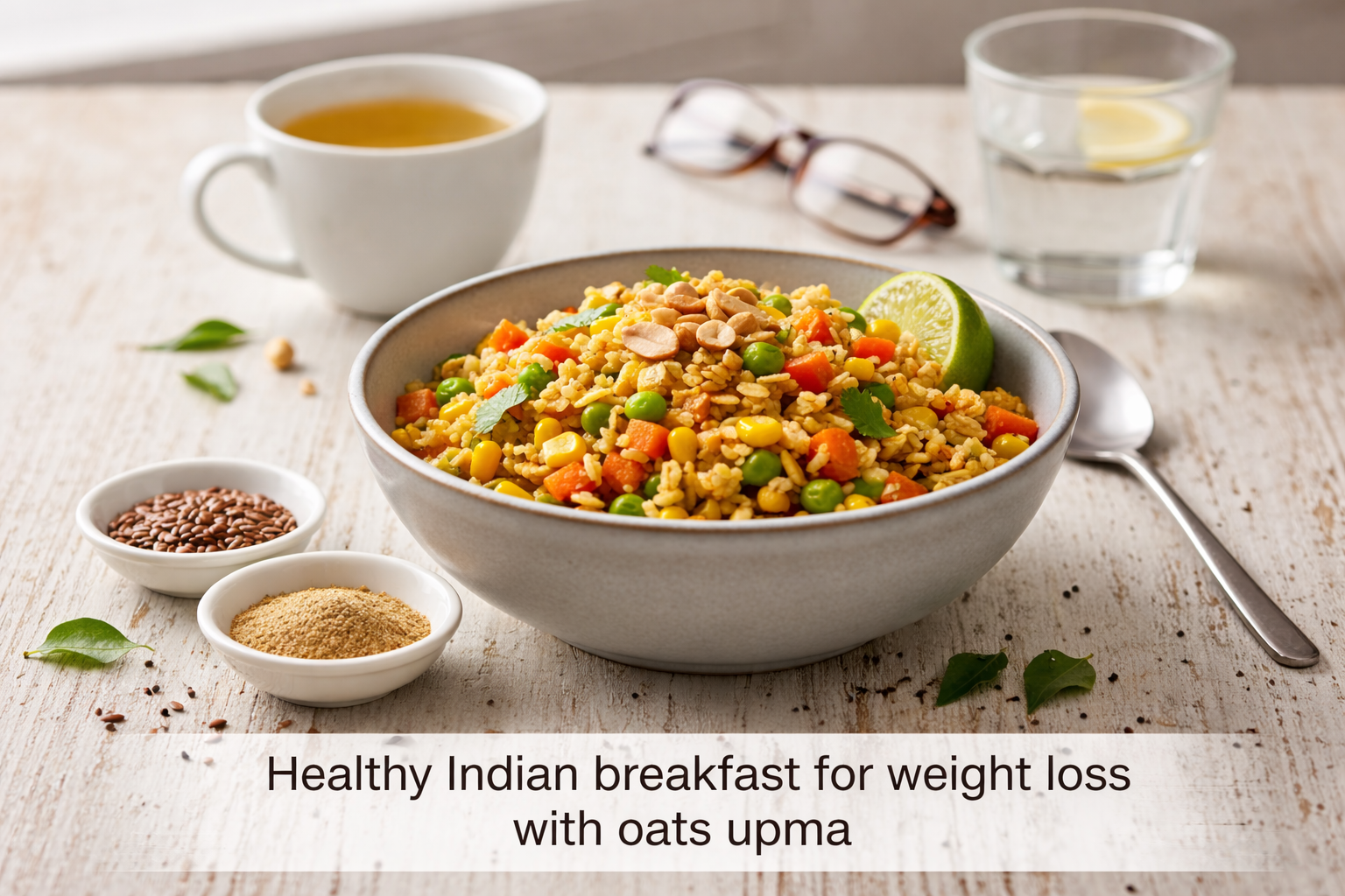 Healthy Indian breakfast oats upma for weight loss with vegetables and peanuts