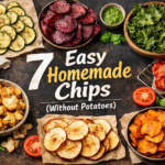 Homemade non-potato vegetable and fruit chips collage