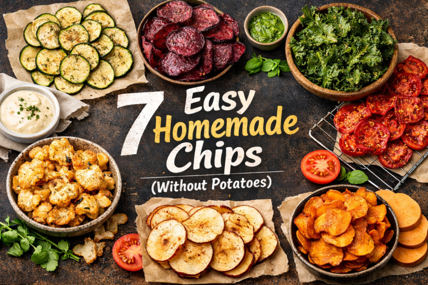 Homemade non-potato vegetable and fruit chips collage