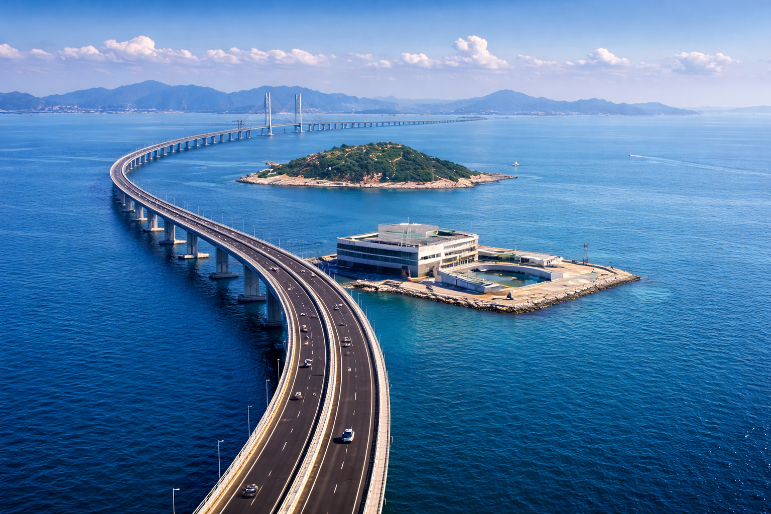 Aerial view of the Hong Kong–Zhuhai–Macau Bridge stretching across the blue Pearl River Delta with artificial islands and modern bridge design.