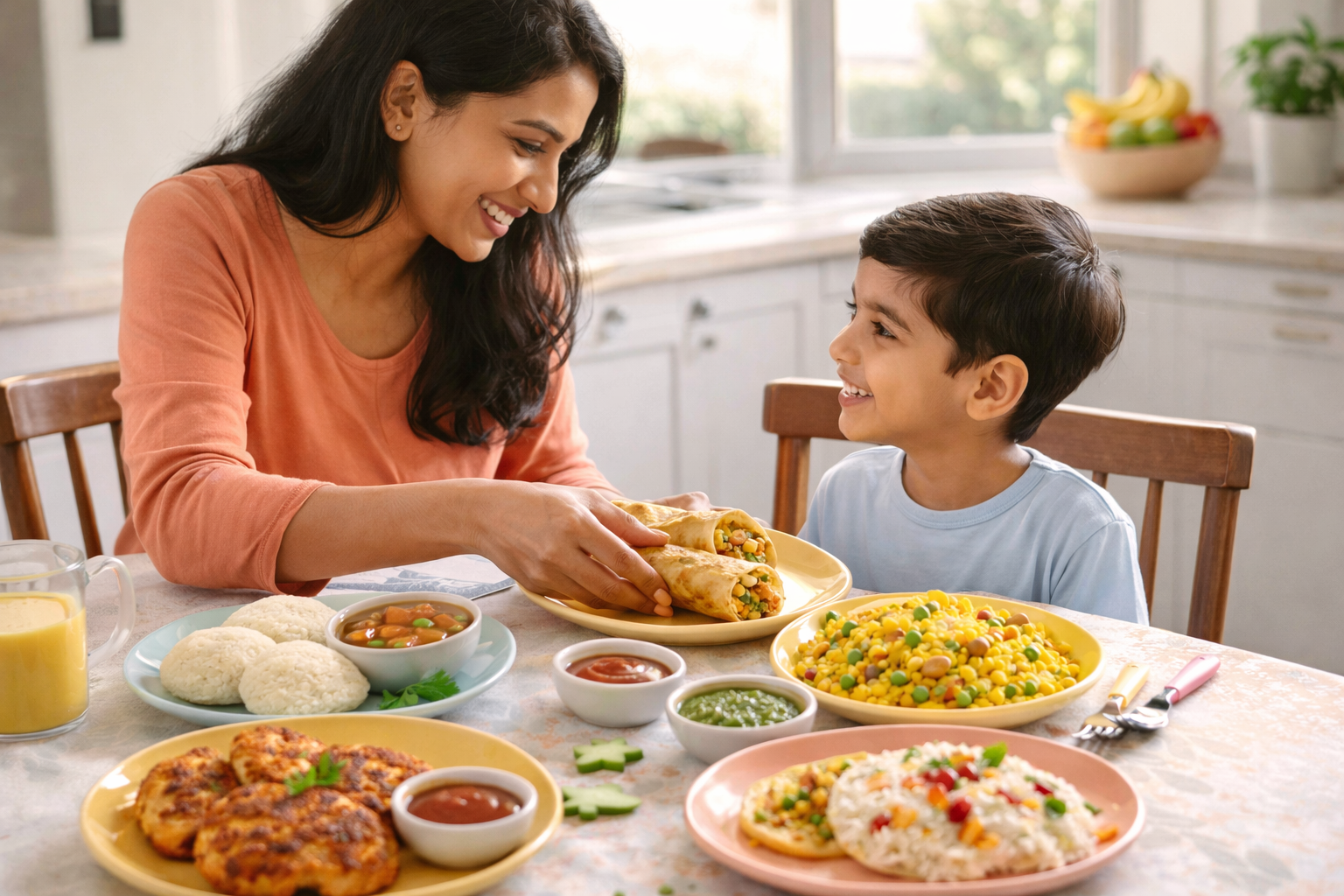 Indian mother serving healthy Indian food ideas for kids at dining table, child happily eating paratha rolls, idli, poha and paneer cutlets