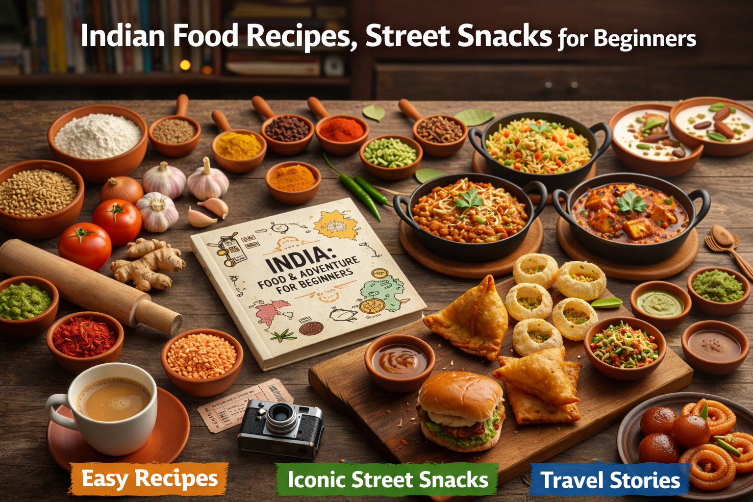 Indian food recipes and street snacks for beginners featuring samosa, pani puri, gulab jamun, spices, and travel-inspired food storytelling