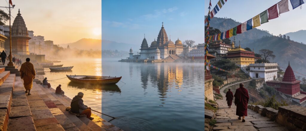 Ultra-realistic cinematic wide image of Varanasi ghats at sunrise, Pushkar Lake temples, and McLeodganj monasteries in January with a peaceful spiritual atmosphere