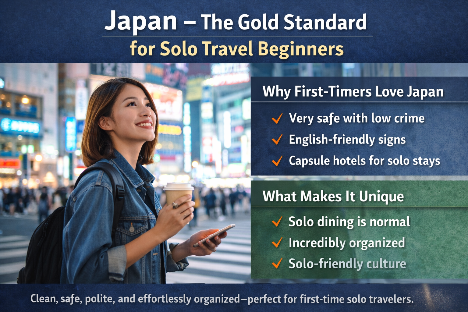 Japan is one of the best solo travel destinations for first-time travelers, known for safety, solo-friendly culture, and easy transport