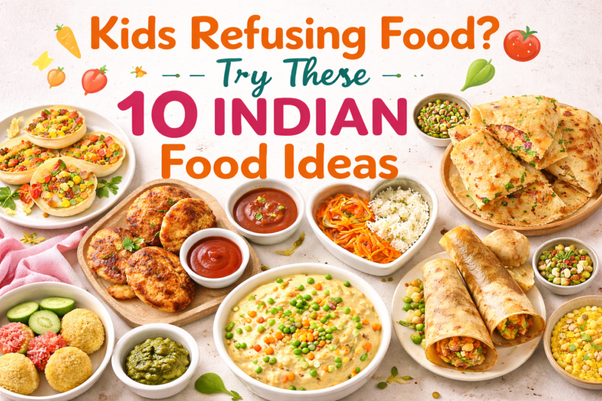 Kids refusing food? A flat lay of 10 healthy and kid-friendly Indian food ideas including paratha rolls, uttapam, paneer snacks, and vegetable dishes