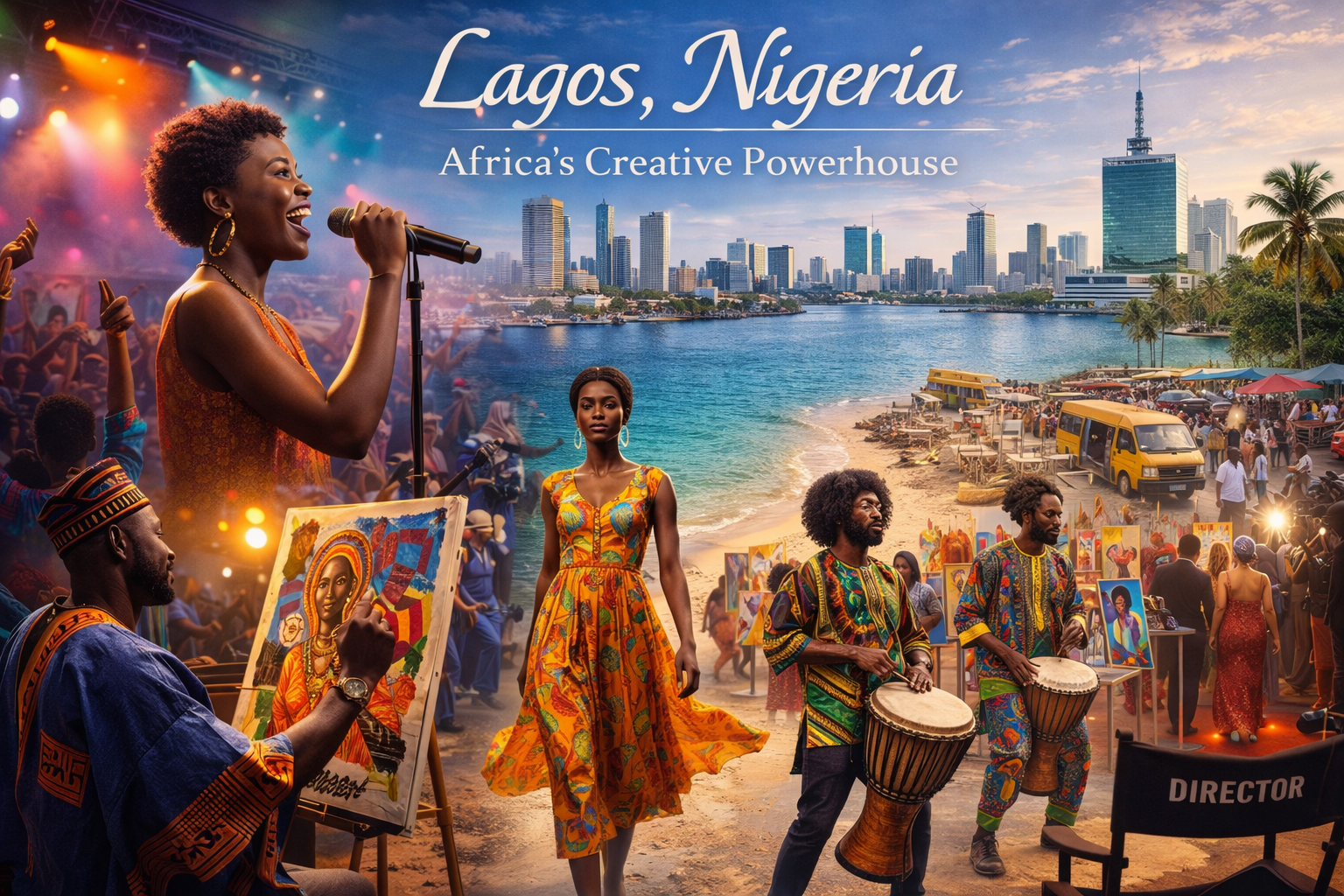 Creative city life in Lagos, Nigeria, highlighting contemporary art, music, fashion, and modern African urban culture