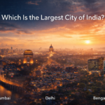 A cinematic futuristic skyline blending Mumbai's Sea Link, Delhi's India Gate, and Bengaluru's tech parks at sunset to represent India's largest cities