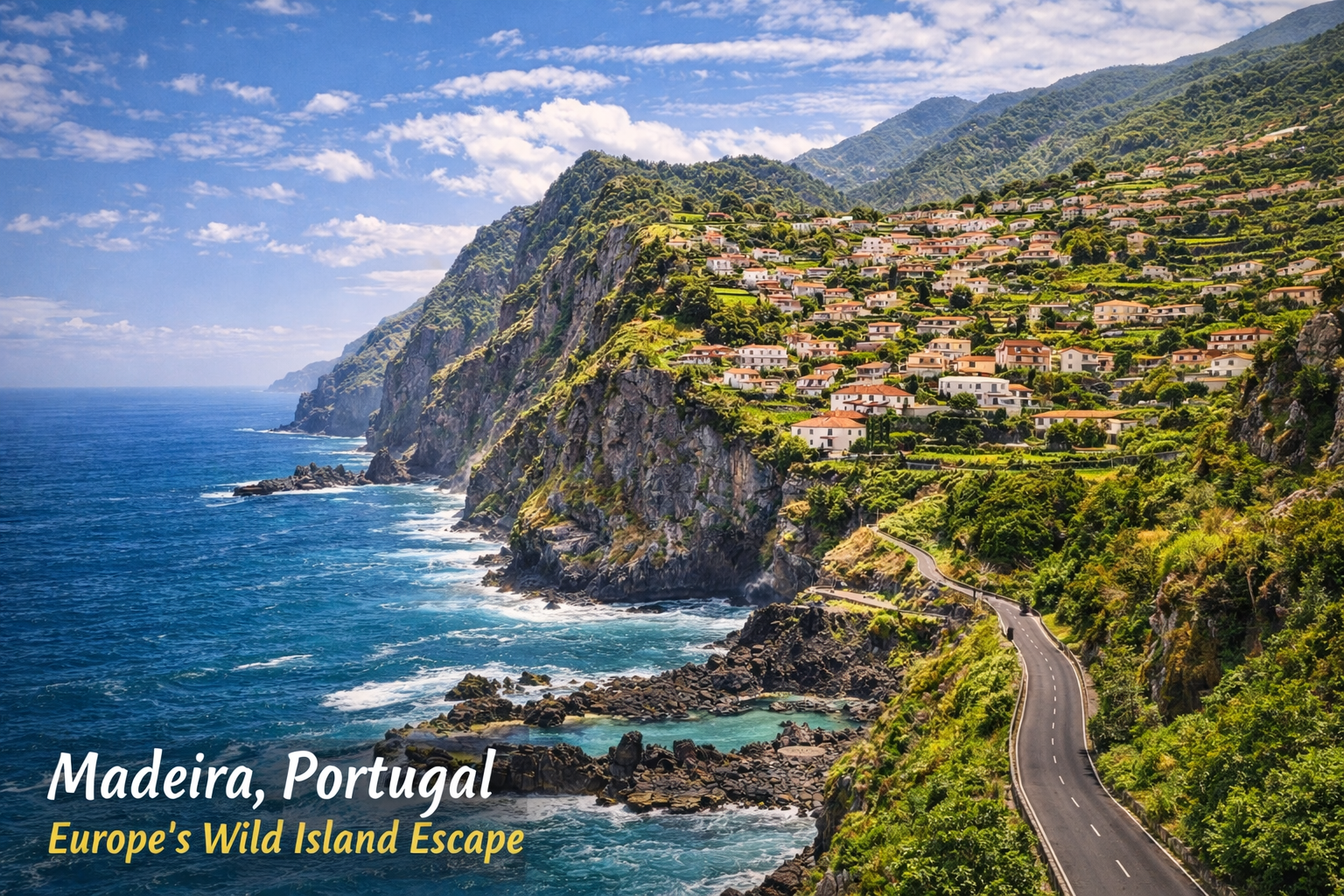 Scenic coastal cliffs and hillside village in Madeira, Portugal, overlooking the Atlantic Ocean with winding coastal road
