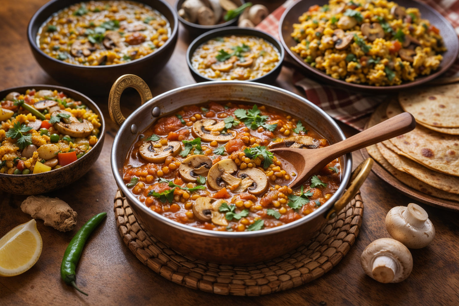 Indian-style mushroom curry mixed with dal and vegetables, showing mushrooms added to everyday Indian meals for healthy nutrition