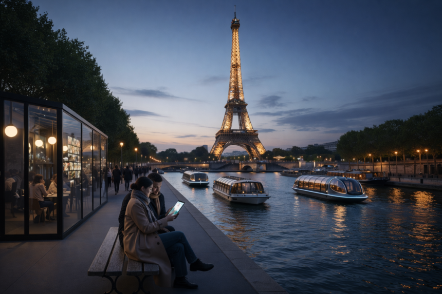 A futuristic and romantic view of a woman in Paris, showcasing the timeless elegance of the City of Love in 2026.