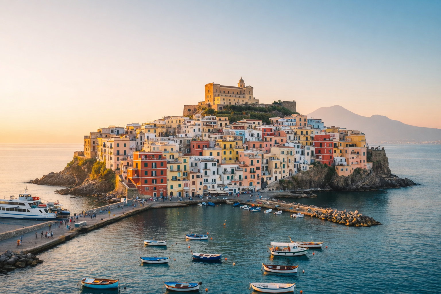 Colorful coastal town with pastel houses, small boats, and crystal-clear waters at Procida Island, Italy, a scenic ferry travel destination.