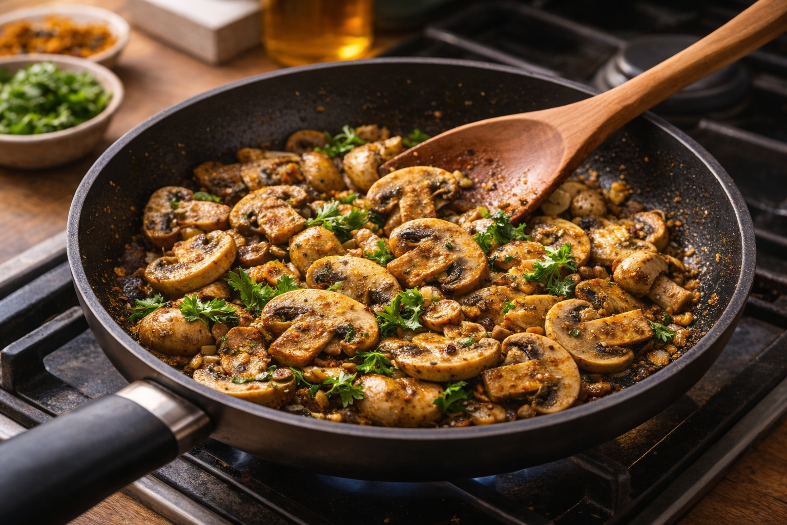 Quick Indian-style mushroom stir-fry cooked with garlic, cumin, and spices in a pan