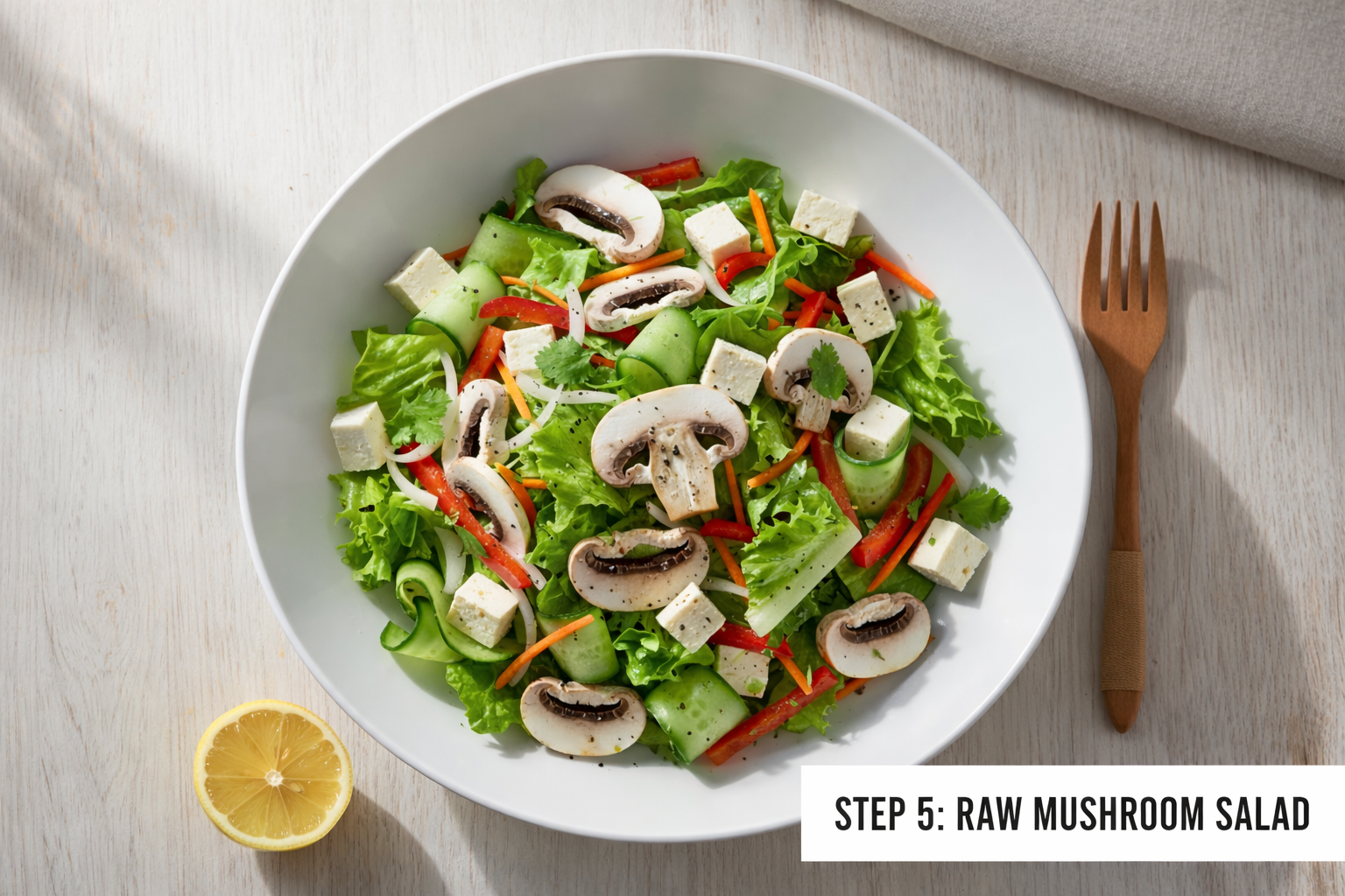 Raw mushroom salad with fresh button mushrooms, lettuce, cucumber, tofu, and vegetables for vitamin D-rich healthy eating
