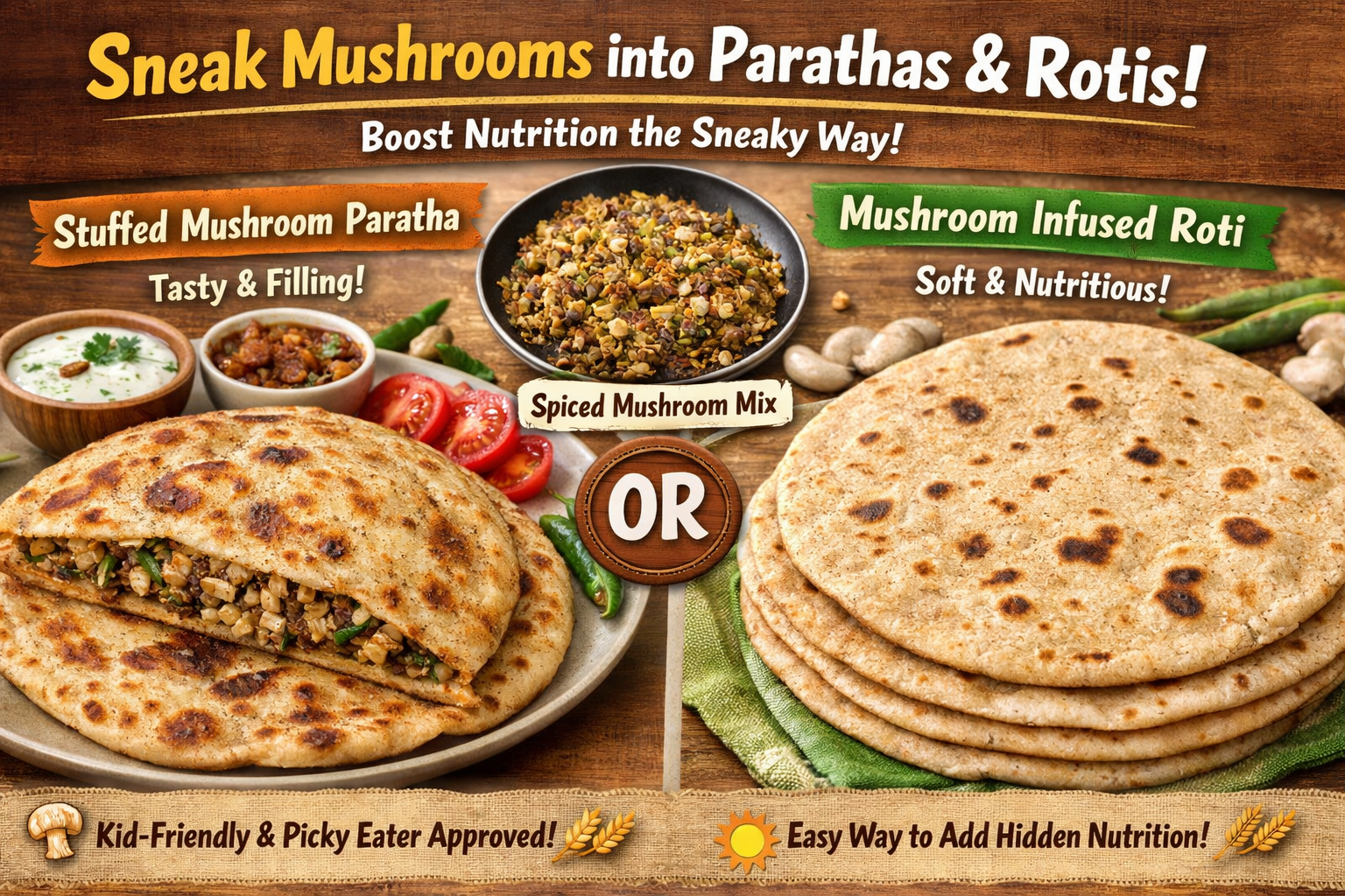 Sneak mushrooms into parathas and rotis by mixing finely chopped mushrooms into dough or stuffing parathas for a healthy, kid-friendly Indian meal.