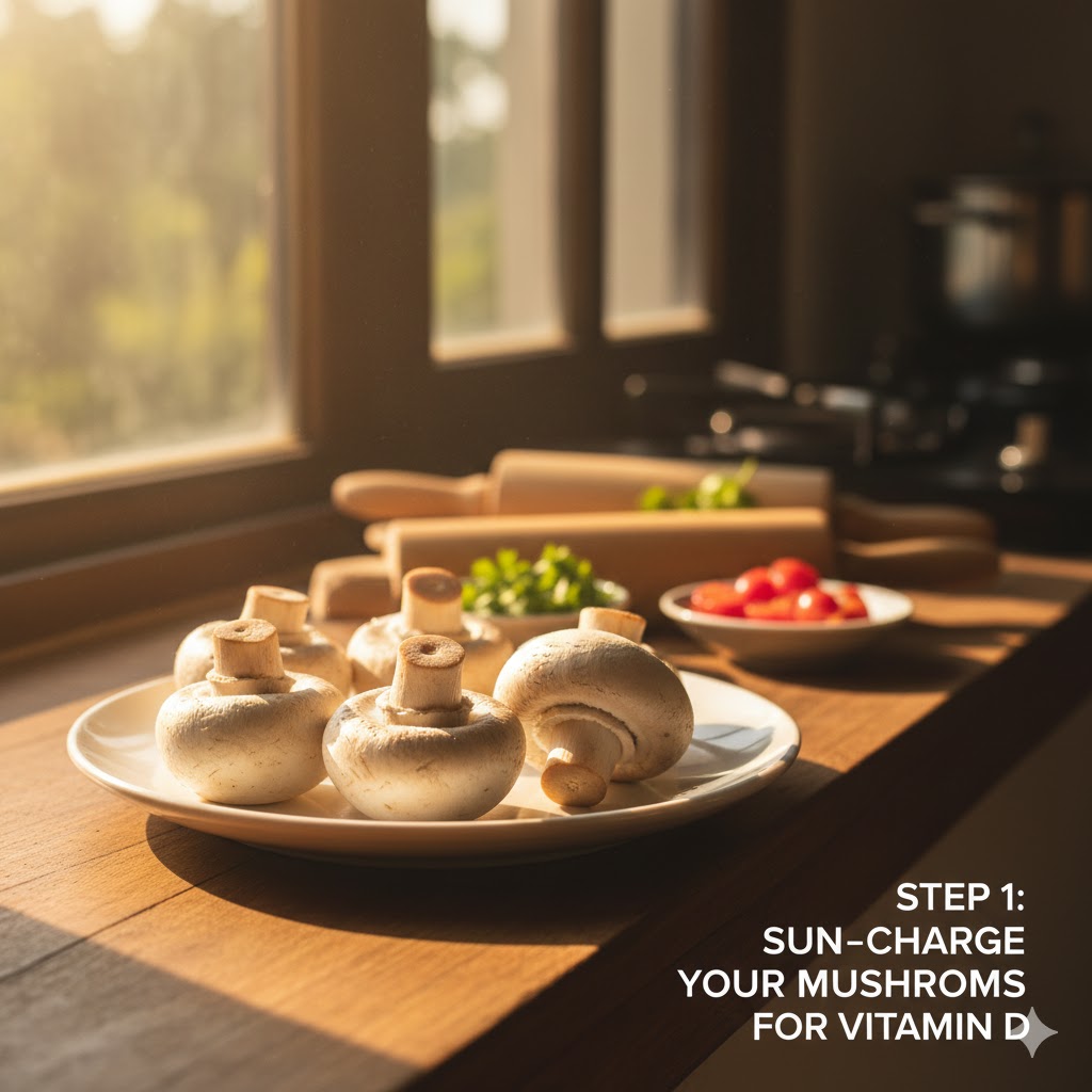 Fresh white button mushrooms sun-charging on a kitchen table for vitamin D before cooking