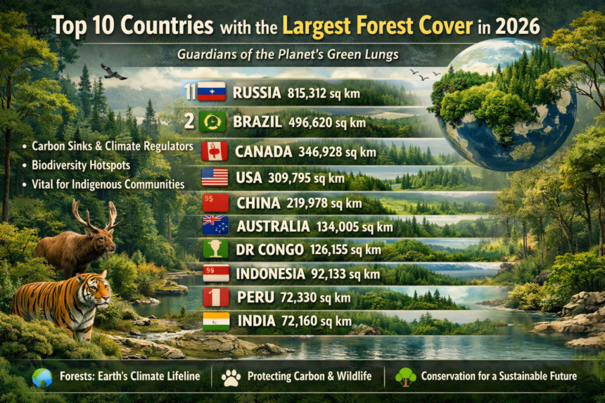 Top 10 countries with the largest forest cover in 2026 infographic