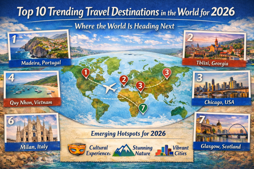 Top 10 trending travel destinations in the world for 2026 featuring Madeira, Tbilisi, Chicago, Quy Nhon, Milan, Glasgow, Abu Dhabi, Recife, and Bariloche
