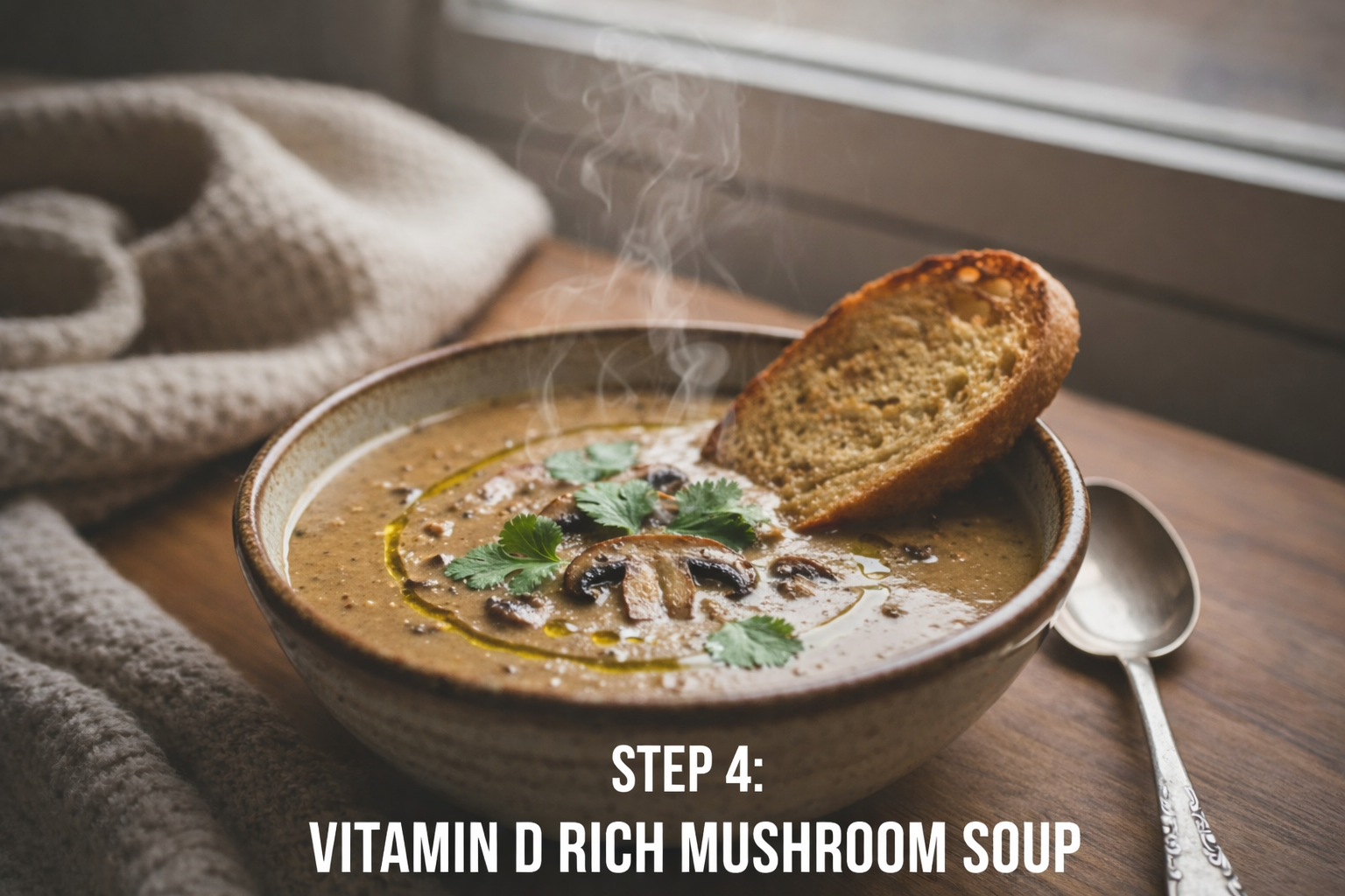Steaming bowl of vitamin D rich mushroom soup garnished with fresh herbs and served with toasted bread on a wooden table.