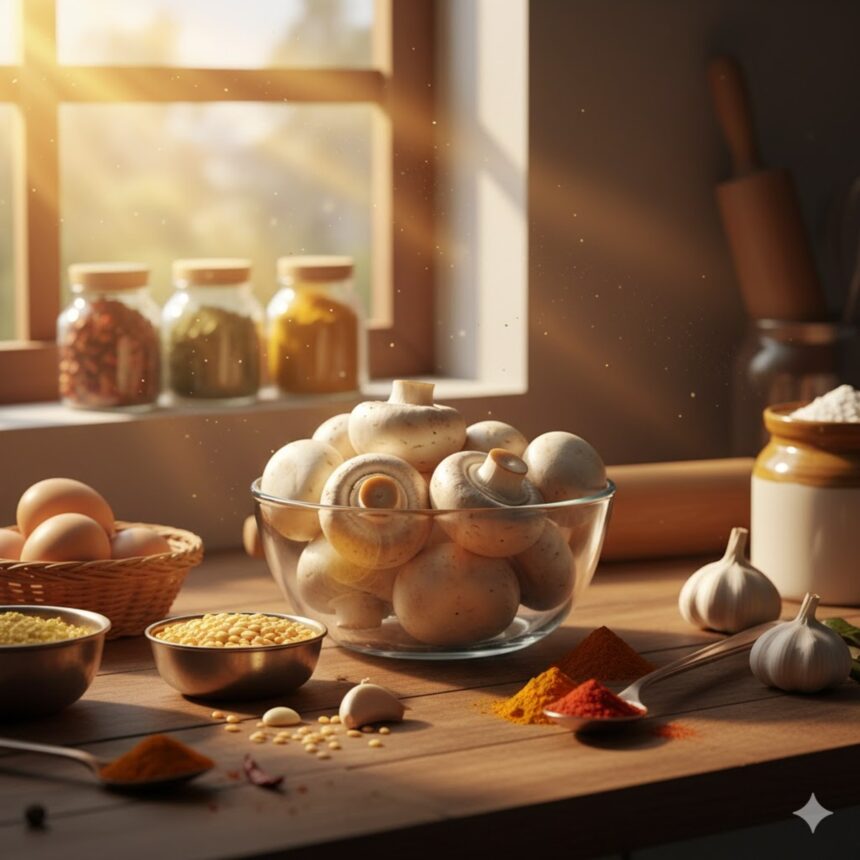 Vitamin D rich mushrooms kept in sunlight on a kitchen table with Indian spices