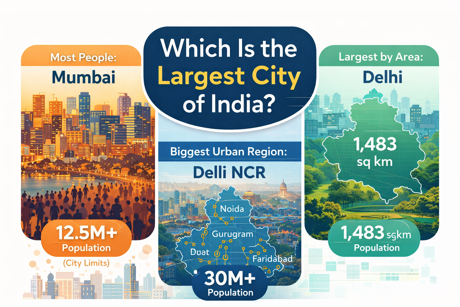 Infographic showing which is the largest city of India, comparing Mumbai as the most populous city, Delhi NCR as the biggest urban region, and Delhi as the largest city by area