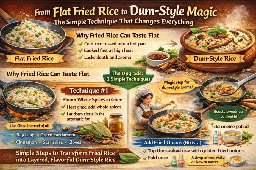Technique to turn fried rice into dum-style rice.